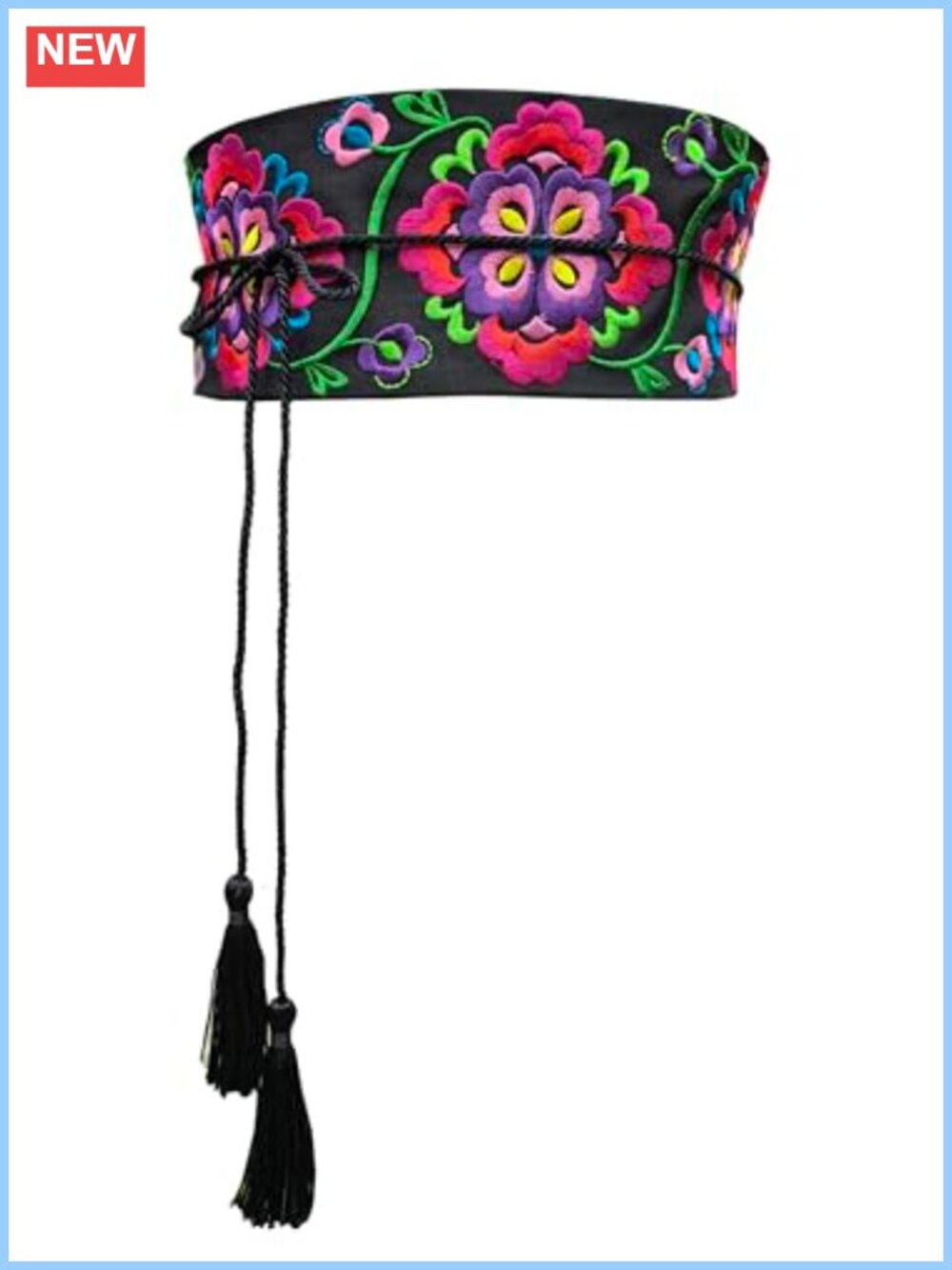 Mexican Floral Embroidered Waist Belt with Tassels Tie Closure One Size